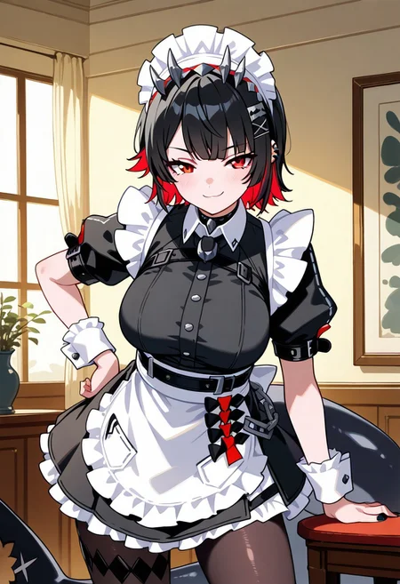 masterpiece, best quality, 1girl, solo, 21 year old model, eyelashes, (beautiful eyes),
ellen joe, black hair, colored inner hair, multicolored hair, red eyes, red hair, short hair, two-tone hair, apron, black pantyhose, black shirt, black skirt, ear piercing, fins, fish tail, maid, maid apron, maid headdress, pantyhose, piercing, puffy short sleeves, puffy sleeves, shark girl, shark tail, shirt, short sleeves, skirt, tail, two-tone hair, wrist cuffs,
cowboy shot, hand on hip, smug, smile, looking at viewer, shiny skin,