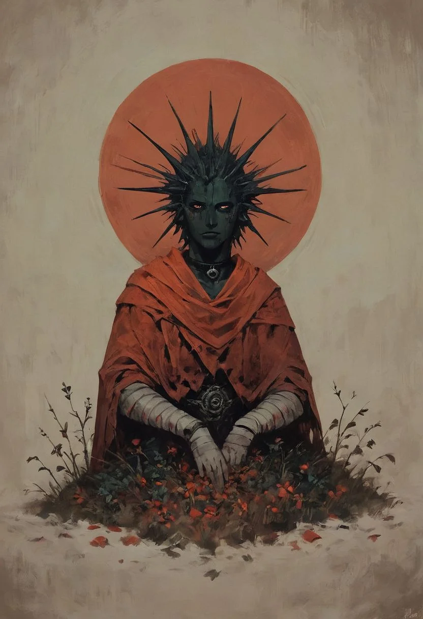 ((score_9, score_8_up, score_7_up)), (full-length character design, assassin woman holding a severed demonic head, bloodstains), modern-style colour illustration, bold & powerful, lifelike art, cultist girl, evil & dark robes, detailed setting, sitting in a woodland grove, exploring the surroundings, deep and colourful background, dark and moody lighting, green and blue and brown, light hair but dark eyebrows, half-obscured face, ceremonial facepaint and bodypaint, e-girl makeup, black choker, flirting, teasing, different poses, inset reaction shot, rich & seductive, freckles, reaction frame, erotic aesthetics