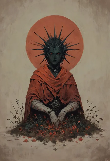 ((score_9, score_8_up, score_7_up)), (full-length character design, assassin woman holding a severed demonic head, bloodstains), modern-style colour illustration, bold & powerful, lifelike art, cultist girl, evil & dark robes, detailed setting, sitting in a woodland grove, exploring the surroundings, deep and colourful background, dark and moody lighting, green and blue and brown, light hair but dark eyebrows, half-obscured face, ceremonial facepaint and bodypaint, e-girl makeup, black choker, flirting, teasing, different poses, inset reaction shot, rich & seductive, freckles, reaction frame, erotic aesthetics