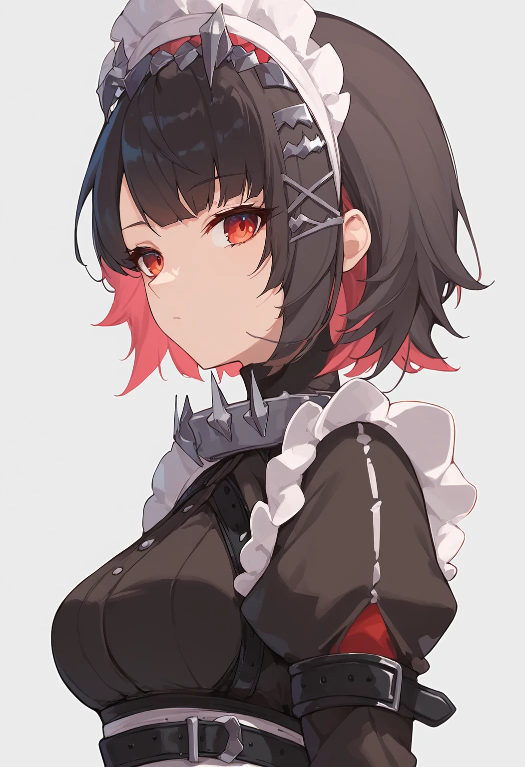 score_9, score_8_up, score_7_up, score_6_up, score_5_up, source_anime, vivid colors,
1girl, solo, ellen joe, short hair, hair ornament, x hair ornament, maid, maid headdress, closed mouth, parted lips, medium breasts, expressionless, looking at viewer, simple background,
upper body, from side:0.25,
<lora:ellen_joe:1>