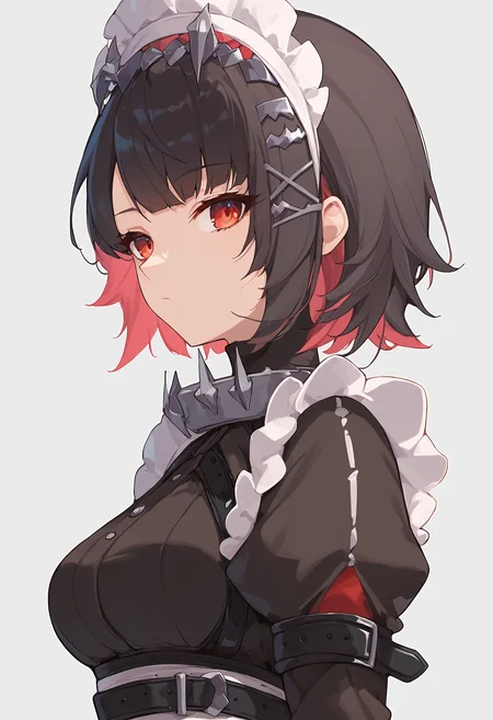 score_9, score_8_up, score_7_up, score_6_up, score_5_up, source_anime, vivid colors,
1girl, solo, ellen joe, short hair, hair ornament, x hair ornament, maid, maid headdress, closed mouth, parted lips, medium breasts, expressionless, looking at viewer, simple background,
upper body, from side:0.25,
<lora:ellen_joe:1>