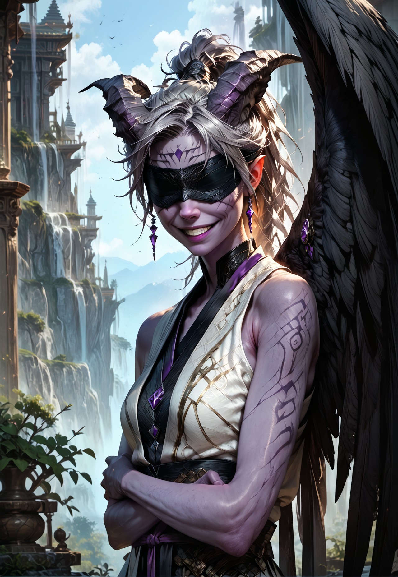 (absurdres, best quality, masterpiece:1.4), 
score_9, score_8_up, score_7_up, score_6_up, 
detailed, 
detailed body, 
detailed face, 
(((smooth skin, unbroken skin, detailed skin))), 
fantasy, 
alone, 

female, 
tiefling, 
h0rns, 
ram horns, 
black horns, 
tall, 
((((purple skin)))), 
((long grey hair, ponytail)), 
(((wingsd, black wings))),

crossed arms, arms across stomach, 
soft smile,

(white robe, sleeveless, 
blindfold, black cloth blindfold), 

depth of field, 
outdoors, 
mountain temple, 
upper body, 
front view, 