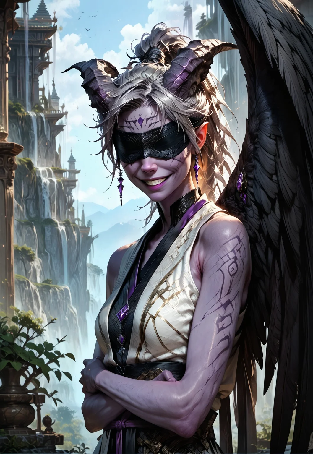 (absurdres, best quality, masterpiece:1.4), 
score_9, score_8_up, score_7_up, score_6_up, 
detailed, 
detailed body, 
detailed face, 
(((smooth skin, unbroken skin, detailed skin))), 
fantasy, 
alone, 

female, 
tiefling, 
h0rns, 
ram horns, 
black horns, 
tall, 
((((purple skin)))), 
((long grey hair, ponytail)), 
(((wingsd, black wings))),

crossed arms, arms across stomach, 
soft smile,

(white robe, sleeveless, 
blindfold, black cloth blindfold), 

depth of field, 
outdoors, 
mountain temple, 
upper body, 
front view, 