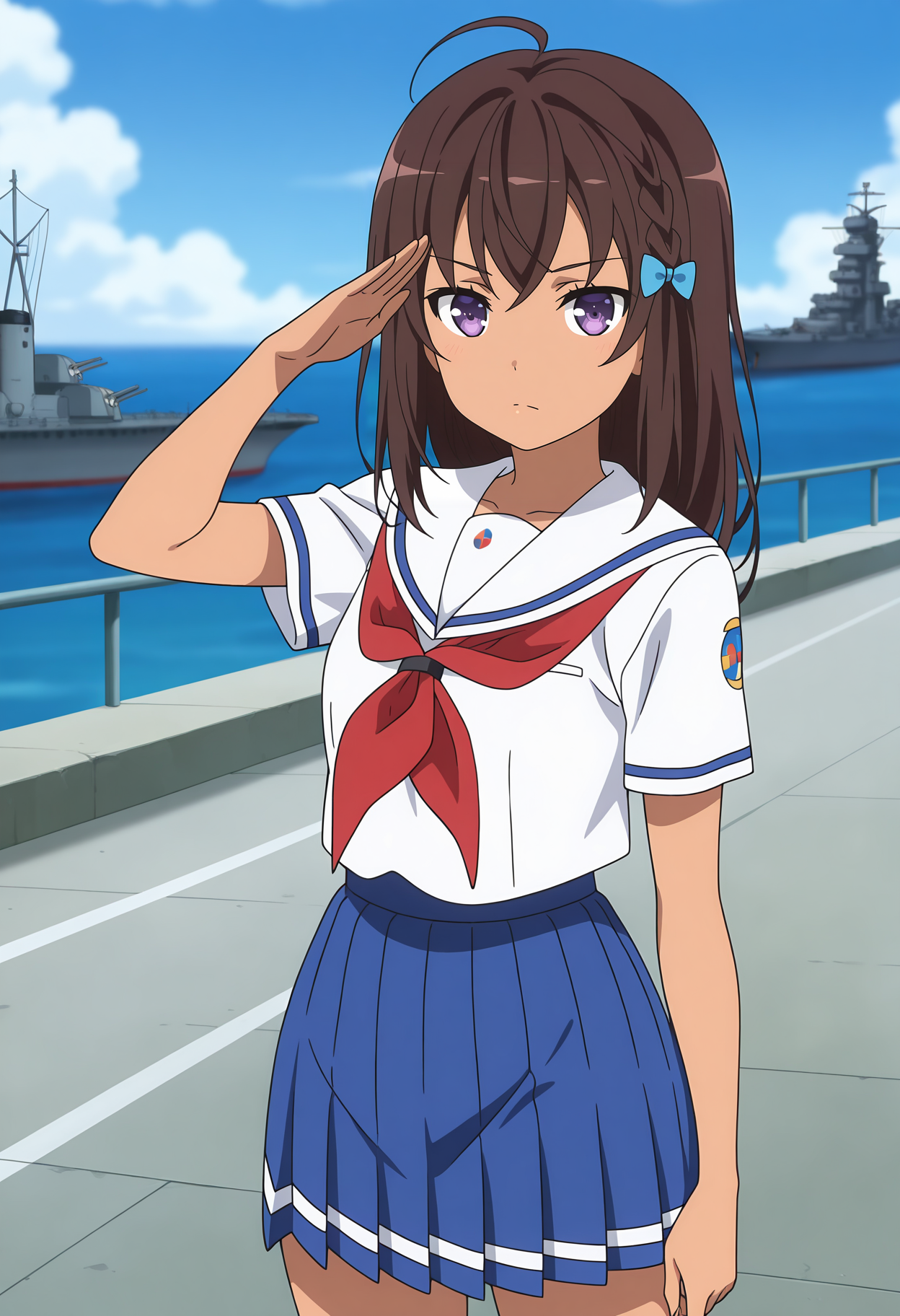 anime screencap, masterpiece, best quality,
<lora:HighSchoolFleet_UchidaMayumi_IlluXL:0.9>,
1girl, solo, serious,
dark-skinned female, ahoge, long hair, brown hair, purple eyes, hair bow, blue bow,
white sailor collar, white shirt, red neckerchief, short sleeves, pleated skirt, blue skirt,
salute, standing, looking at viewer, cowboy shot, legs,
horizon, dock, outdoors, battleship, warship, blue sky, blurry background