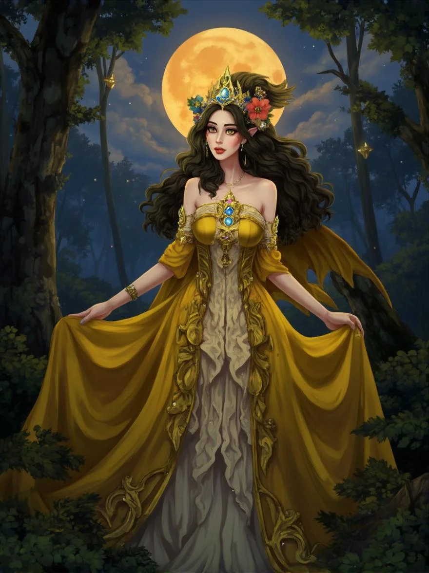 <lora:ck-LttleGhost-000011.safetensors:1> in the style of ck-lttlegh0stA regal woman wearing a flowing gold gown adorned with intricate patterns and mystical symbols, set against an enchanted forest under a glowing full moon, with a crown of fresh flowers on her head and gemstone-embellished hair.