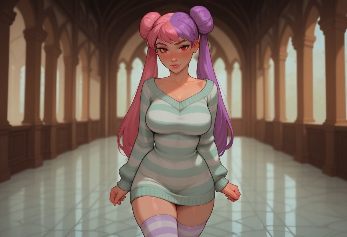 (masterpiece), (perfect anatomy), (perfect eyes), (detailed clothing), (anime style), full body, curvy figure, vibrant colors, soft shading, studio lighting, BREAK. DISNEY_ANIMATION, incoth, (incase:0.6), (depth of field), medieval setting, indoors, day time, palace, beautiful, kawaii, walking, looking at viewer, cowboy shot, solo_girl, long straight two-tone hair, split-color hair, pink hair, purple hair, half pink and half purple hair, twintails, odango hairstyle with two buns, vibrant red eyes, curvy body, nsfw, striped sweater dress, green and white, with a deep neckline, striped thigh-high socks, marble floor, marble walls.
