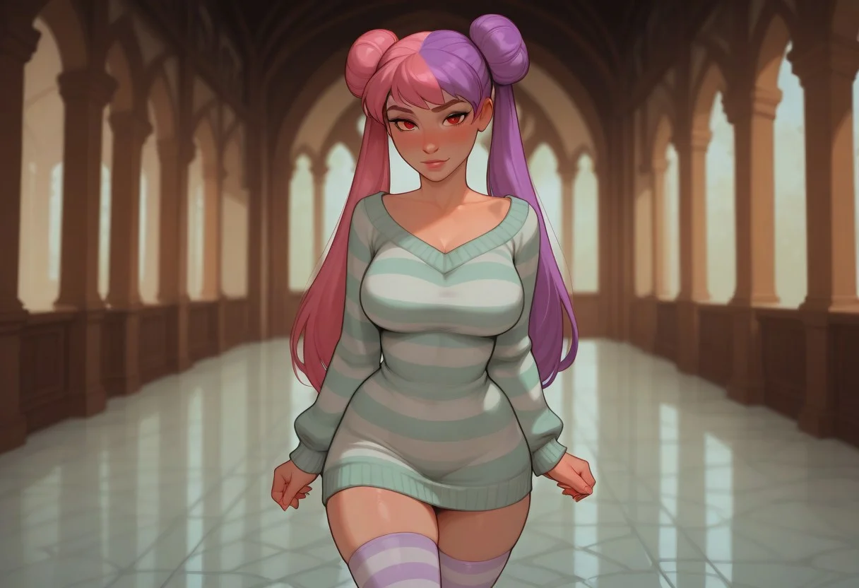(masterpiece), (perfect anatomy), (perfect eyes), (detailed clothing), (anime style), full body, curvy figure, vibrant colors, soft shading, studio lighting, BREAK. DISNEY_ANIMATION, incoth, (incase:0.6), (depth of field), medieval setting, indoors, day time, palace, beautiful, kawaii, walking, looking at viewer, cowboy shot, solo_girl, long straight two-tone hair, split-color hair, pink hair, purple hair, half pink and half purple hair, twintails, odango hairstyle with two buns, vibrant red eyes, curvy body, nsfw, striped sweater dress, green and white, with a deep neckline, striped thigh-high socks, marble floor, marble walls.
