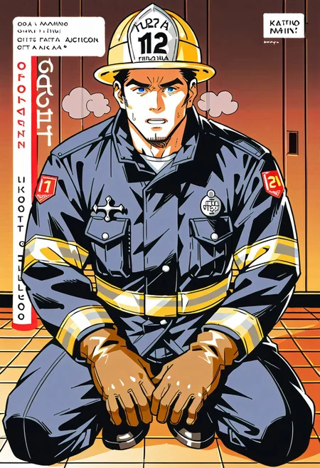 safe_pos, (Aaaild, Aaadjd, manga cover, magazine cover, text) source_anime, safe_pos, perfect anatomy, perfect proportions, best quality, masterpiece, high_resolution, high quality, (solo focus, male focus, male only, bara, gay, homo, mature, masculine, manly, virile, macho, hunky, rugged, middle-age, daddy, dilf, handsome), alluring, seductive, heroic, serious, grim, stern, unsociability, bluntness, gruffness, naughty face, moaning, dazed, looking away, focusing gaze, BREAK (mature man, blue eyes, brown hair, unkept facial hair), BREAK (EPFireFighter, wearing EPFireFighter, jacket, black jacket, pants, black pants, helmet, yellow headwear, gloves, brown gloves), BREAK sitting on floor, lying on back, relaxed pose, leaning slightly, one knee bent upward, legs spread, hand supporting head, contemplative expression, horny, kinky, domination, heavy breathing, enticed, excessively sweaty shiny skin, shading, countershading, indoors, locker room, dark atmosphere,