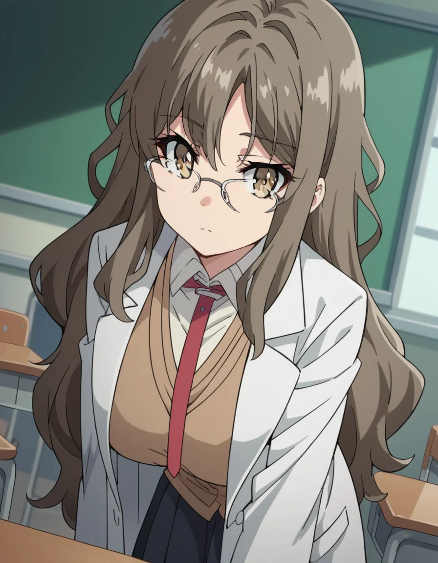 score_9, score_8_up, score_7_up, source_anime,
riofutaba, <lora:rio-futaba-s1-ponyxl-lora-nochekaiser:1>
rio futaba, long hair, brown hair, brown eyes, large breasts,
glasses, skirt, shirt, school uniform, white shirt, pleated skirt, glasses, collared shirt, black skirt, vest, red necktie, labcoat, white labcoat, brown vest,
indoors, classroom, bent over,
looking at viewer, cowboy shot, dutch angle, solo,