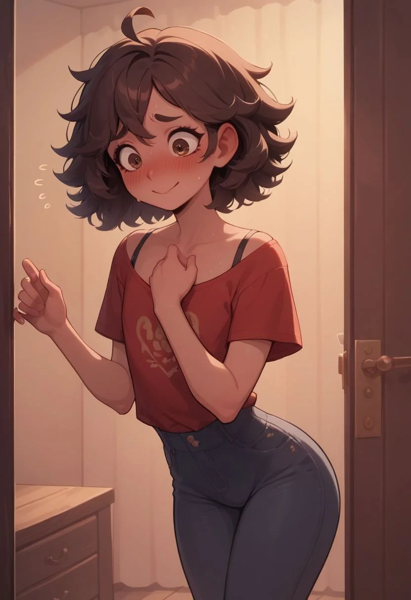 score_9, score_8_up, score_7_up, brunette femboy, eyes and face of skinny girl with soft ass, sexy 18 year old femboy, flat chest, small perfectly round breasts, standing, shy girl, embarrassed:3, wooden room:1, girl:1, awe, sweating:3, brown eyes, medium length hair, fluffy hair, girly hips, curvy, shy smile, feminine stance, black jeans, dark red shirt,