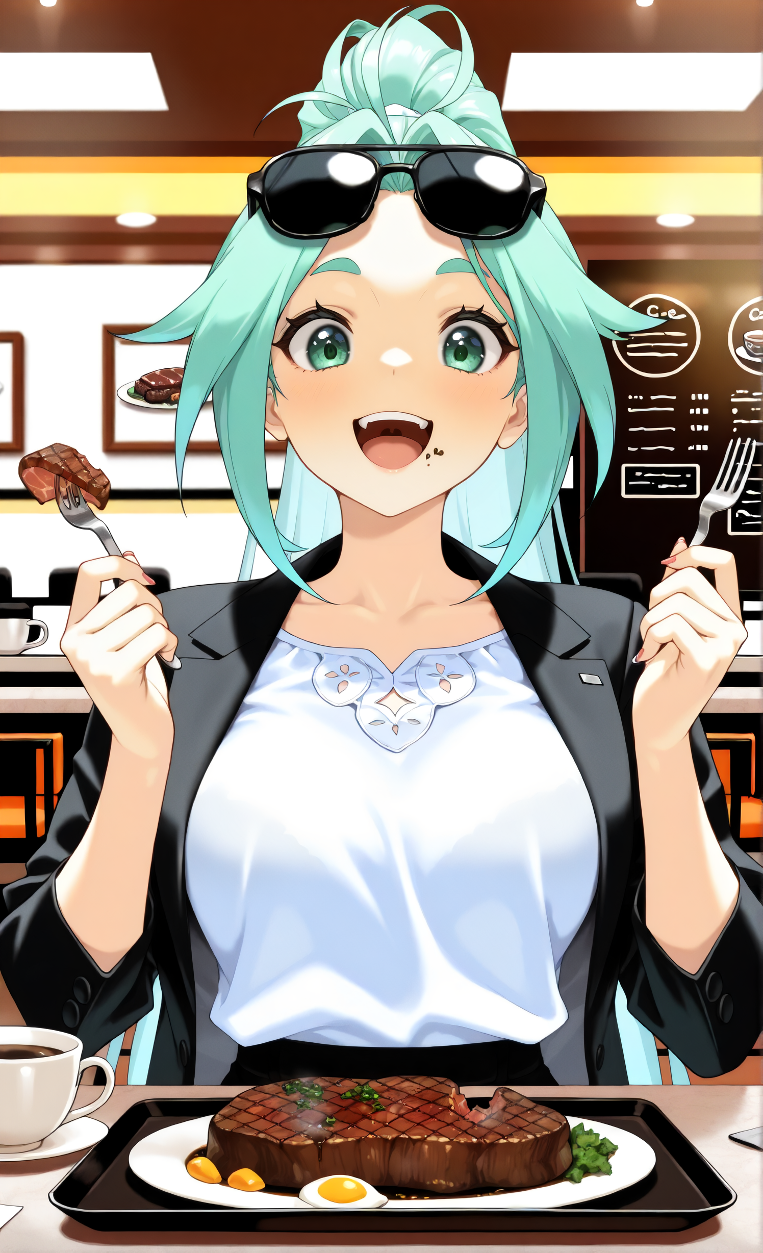 masterpiece, sharp detail, intricate detail, 1girl, <lora:To be hero X - Lucky Cyan:0.8>, lucky cyan \(to be hero x\), detailed eyes, smile, open mouth,  sunglasses, office lady, high ponytail, blouse, jacket, eating, holding fork, steak,  cafe, indoors,