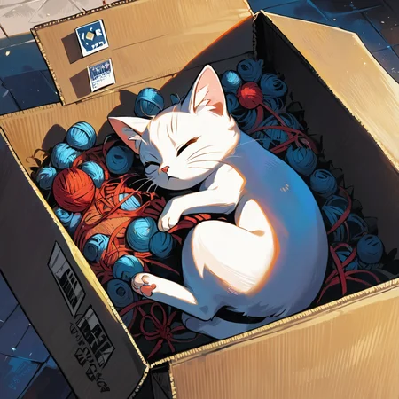 score_9, score_8_up, score_7_up,rating:safe, source_anime,soft shadows, ultra details,masterpiece,4k,best quality, hires, animal, cat, pillow, in box, cardboard box, in container, box with yarn, curled up, no humans, sleeping
<lora:Your shipment have arrived (pony) v1:0.8>   <lora:Anime Summer Days 2 Style SDXL_LoRA_Pony Diffusion V6 XL:0.8>