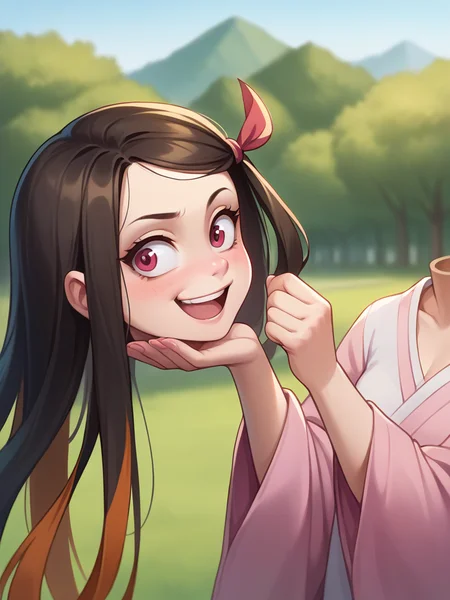 score_9,score_8_up,score_7_up,score_6_up,score_5_up,score_4_up, source_anime BREAK disembodied_head + holding head, kamado_nezuko, outdoors, upper body <lora:sdxlpony_disembodiedhead-t1-000006:1.2>