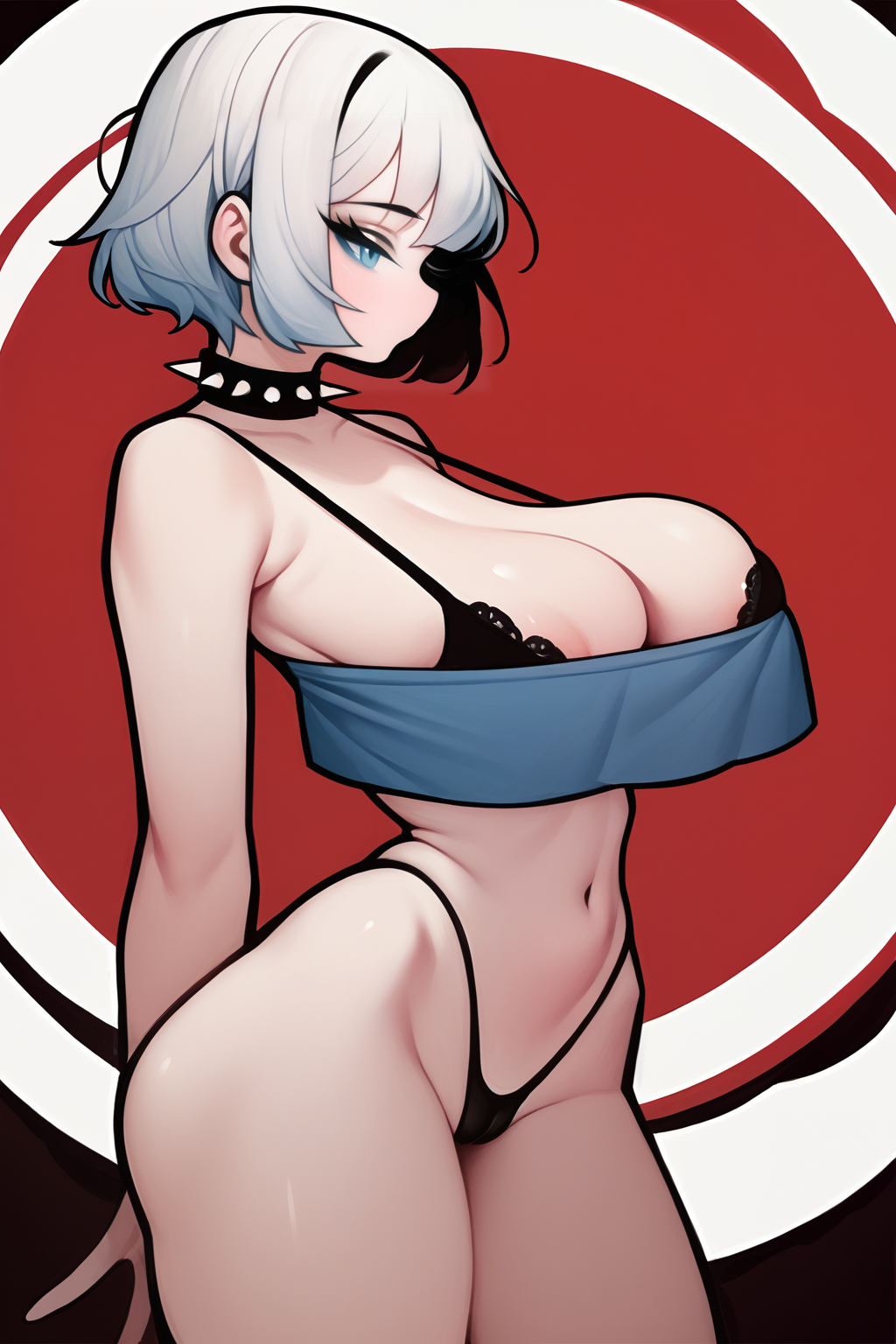 score_9, score_8_up, score_7_up, score_6_up, score_5_up, score_4_up, (source_anime), <lora:[GP] rabbit (wlsdnjs950) v2 SDXL:1.0> 1girl, huge breasts,
short hair, messy hair, bangs, blunt bangs,collarbone, areola slip, narrow waist, wide hips, ass, ass visible through thighs, thigh gap, cameltoe, long legs, slim legs, highleg panties, thong, string panties, skindentation, blue eyes, lineart, thicc lineart,  white hair, spiked choker, from side, profile, bra, bra strap, crop top, cleavage, circle background,