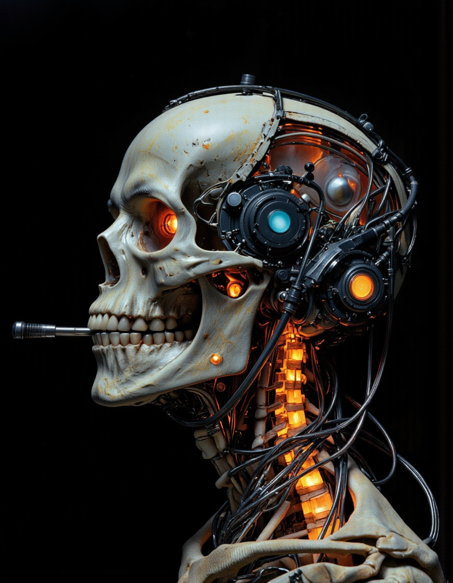 Solo, teeth, black_background, 1other, science_fiction, cable, skeleton, mechanical_parts, tube, spine, solo, teeth, glowing, science_fiction, skull, cable, tube.