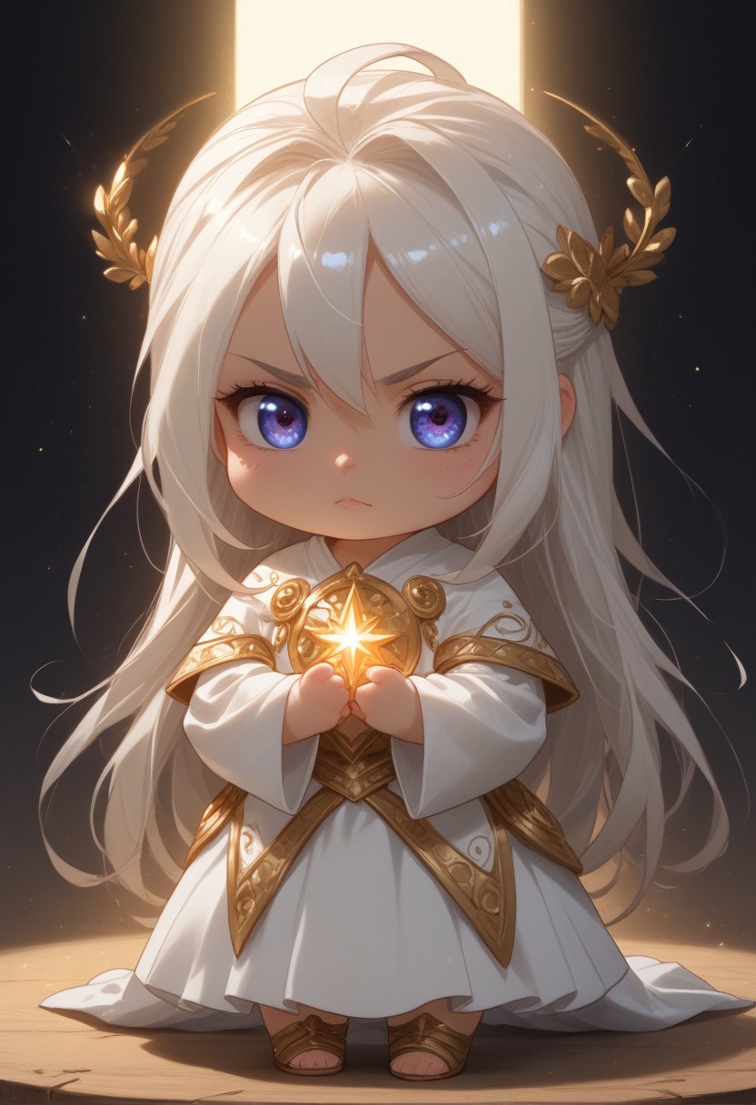 score_9, score_8_up, score_7_up, source_furry, solo, adorable chibi goddess, (flowing hair, long hair, Cosmic_hair:1.4), angry, arms crossed, view from above, goddess dress, (chibi body, sparkling body, pristine body:1.4), (indirect lighting, dynamic lighting:1.4), simple background, chibi art style, (detailed image, high resolution, 5k resolution:1.0), (realistic style, chibi art style, Las Lindas Art Style:1.2)