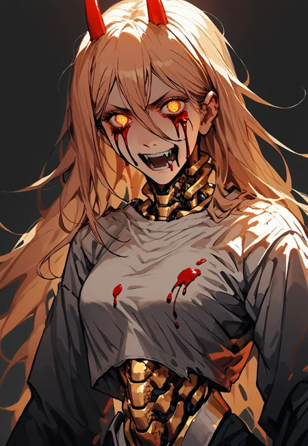 safe_pos, safe_pos, score_9, score_8_up, score_7_up, score_6_up, score_5_up, score_4_up, 1girl, solo, girl, p0w3r0x1, long hair, blonde hair, red horns,demon pupils, looking at viewer, angry, torn white top with blood, Abandoned building, highly detailed,  1girl, big breasts, tall, android girl,   simple background, (slit pupils:0.7), (carbon fiber:1.3), yellow heon shine eyes, laughing, horror, looking at looking at viewer, <lora:ArmorPunkV4:1> arm0rpunkv4, (mechanical torso, mechanical spine:1.4), portrait, blood on hands, maniac face, crazy look, psycho, scarlet neon splashes, runs finger along her neck, many blood, bloody tears, stardeaf-splashpunk, dark aura, horrorcctvlora