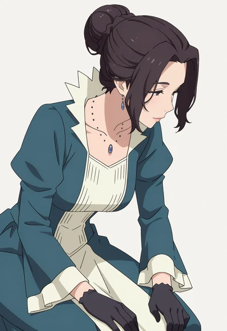 Smooth Quality,masterpiece,very intricate, high quality details, ultra realistic, high detailed skin,detailed enviorement,absurdres,
simple background, white background,
kneeling, hands on thighs, head slightly tilted, neutral expression, focused gaze, ,from side,
<lora:Blumund_Queen_cnn:0.7>blumundqueencnn,1girl, black hair, hair bun,mature female,
long sleeves, blue dress, black gloves,jewelry, necklace,