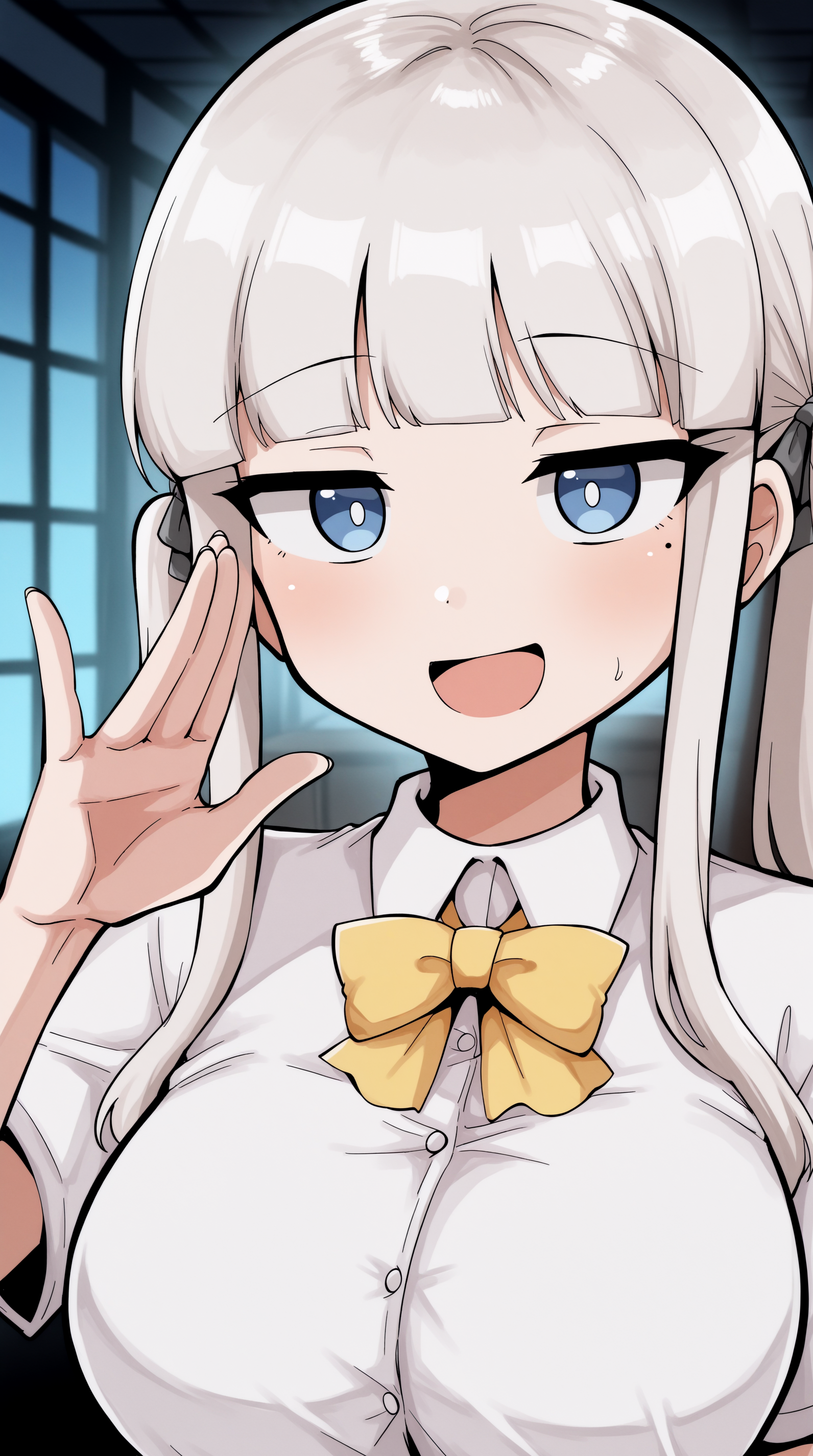 masterpiece, best quality, amazing quality, cinematic lighting, absurdres, best quality, 4k, upscale, pose, indoors, Kinami, 1girl, solo, blue eyes, bow, white shirt, shirt, bowtie, smile, open mouth, looking at viewer, bangs, long hair, collared shirt, twintails, mole, sidelocks, breasts, yellow bowtie, yellow bow, hand up, blunt bangs, :d, grey hair, mole under eye <lora:Kinami:0.8>,