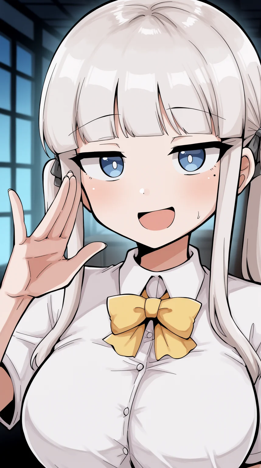 masterpiece, best quality, amazing quality, cinematic lighting, absurdres, best quality, 4k, upscale, pose, indoors, Kinami, 1girl, solo, blue eyes, bow, white shirt, shirt, bowtie, smile, open mouth, looking at viewer, bangs, long hair, collared shirt, twintails, mole, sidelocks, breasts, yellow bowtie, yellow bow, hand up, blunt bangs, :d, grey hair, mole under eye <lora:Kinami:0.8>,