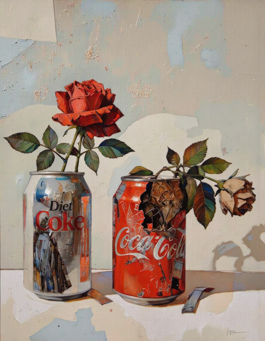 By Donna Young. By Donna Young. A front-facing oil painting of two Coca-Cola cans placed side by side, each containing a rose. Cans are placed on a plain white surface. On the left side of the image, a fresh red rose is placed in a silver can of Diet Coke, with the text "diet coke." To the right of the image, a red can of Coca-Cola stamped and crushed with a withered and faded rose, creating a contrast between the two. the background is a plain, light-colored wall, providing a simple, minimalist backdrop for both objects.