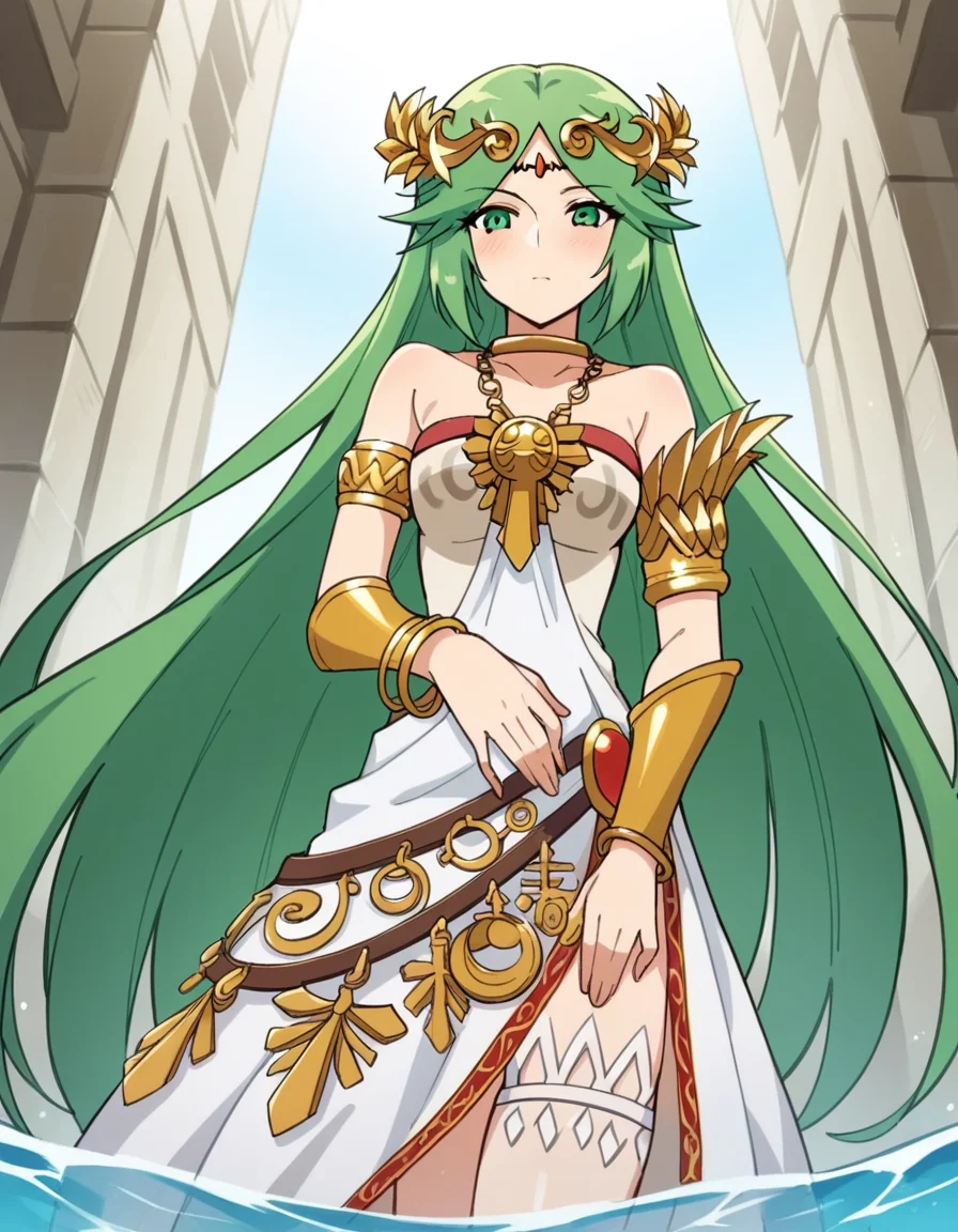 score_9, score_8_up, score_7_up, source_anime, <lora:palutena-trailer-ponyxl-lora-nochekaiser:1>, palutena, long hair, bangs, very long hair, green eyes, green hair, parted bangs,, dress, bare shoulders, jewelry, necklace, white dress, strapless, tiara, strapless dress, armlet, neck ring, gold,, well, water, stone, old, deep, , hand on stomach, blush,, looking at viewer, solo,, dutch angle, cowboy shot