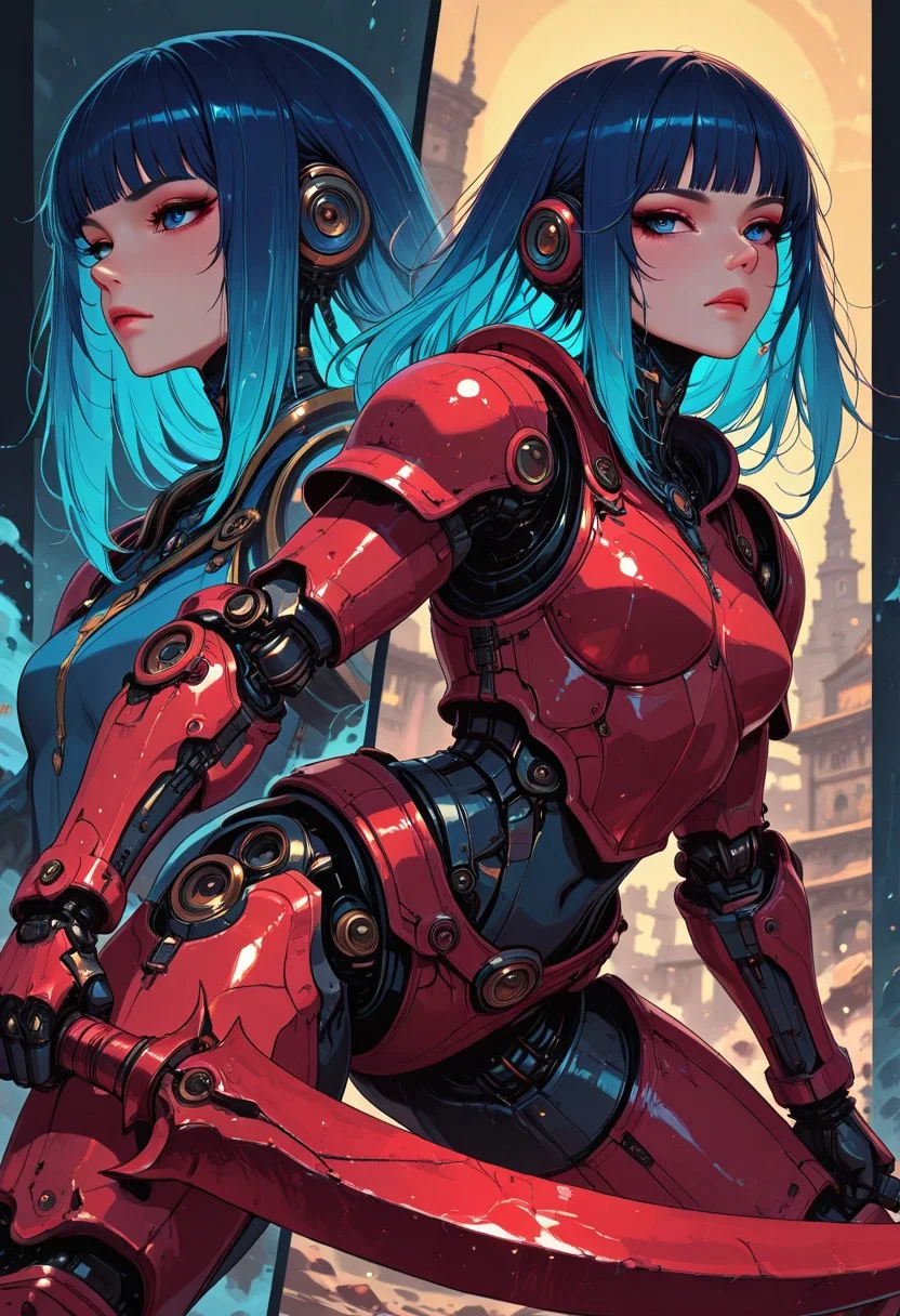 masterpiece, best quality, good quality, very aesthetic, absurdres, newest, 8K, depth of field, focused subject, in the style of cknc, artist:moriimee, in the style of cksc,  BREAK 4-panel manga page, multiple views, asymmetrical panels, diagonal panel breaks, asian young cyborg woman, robot joints, bangs, long bright blue bioluminescent hair, red plated armour, holding poleaxe, battle stance, dynamic angle, ancient fantasy city, directional lighting, detailed face