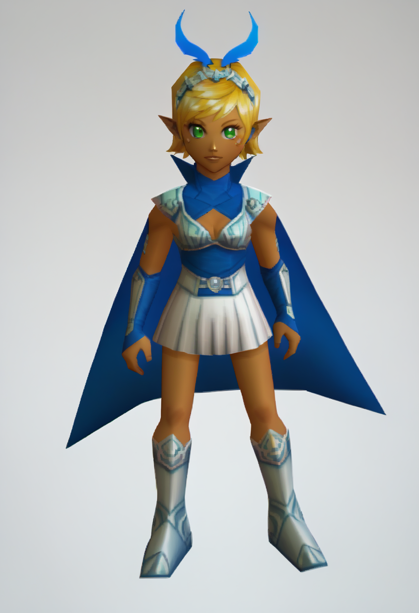 score_9, score_8_up, score_7_up, source_anime BREAK 1girl, solo,
 <lora:zs_N64ZeldaStyleXL:1> n64zeldastyle, 3d, polygonal, white background, full body
 <lora:zs_ArtemisXL:1> artemissmtv, dark skin, blonde hair, short hair, green eyes, hair ornament, dress, cleavage, elbow gloves, cape, thighhighs, kneeboots,