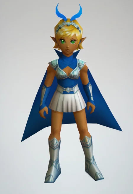 score_9, score_8_up, score_7_up, source_anime BREAK 1girl, solo,
 <lora:zs_N64ZeldaStyleXL:1> n64zeldastyle, 3d, polygonal, white background, full body
 <lora:zs_ArtemisXL:1> artemissmtv, dark skin, blonde hair, short hair, green eyes, hair ornament, dress, cleavage, elbow gloves, cape, thighhighs, kneeboots,