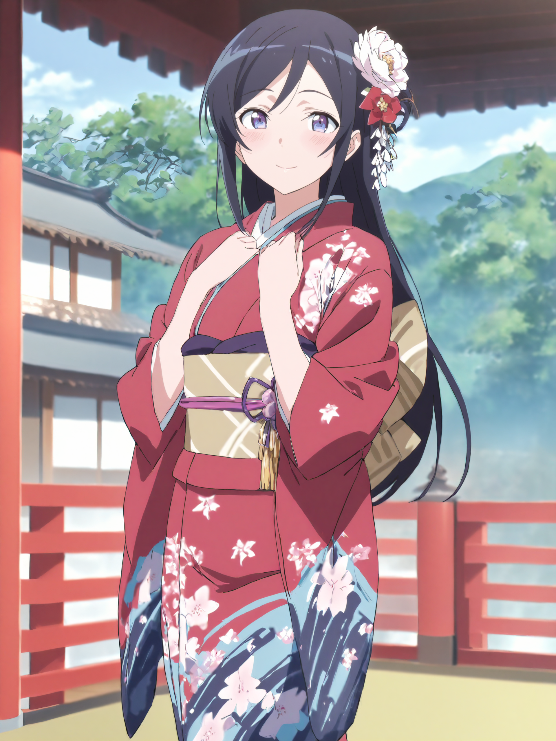 masterpiece, high score, great score, absurdres, anime screenshot, anime coloring,  <lora:Char-Aragaki_Ayase-V1-SDXL:1:hr=0.7>, 1girl, aragaki ayase, solo, kimono, hair flower, obi, sash, tabi, standing, cowboy shot, hands on own chest, light smile, east asian architecture, outdoors, blurry background, masterpiece