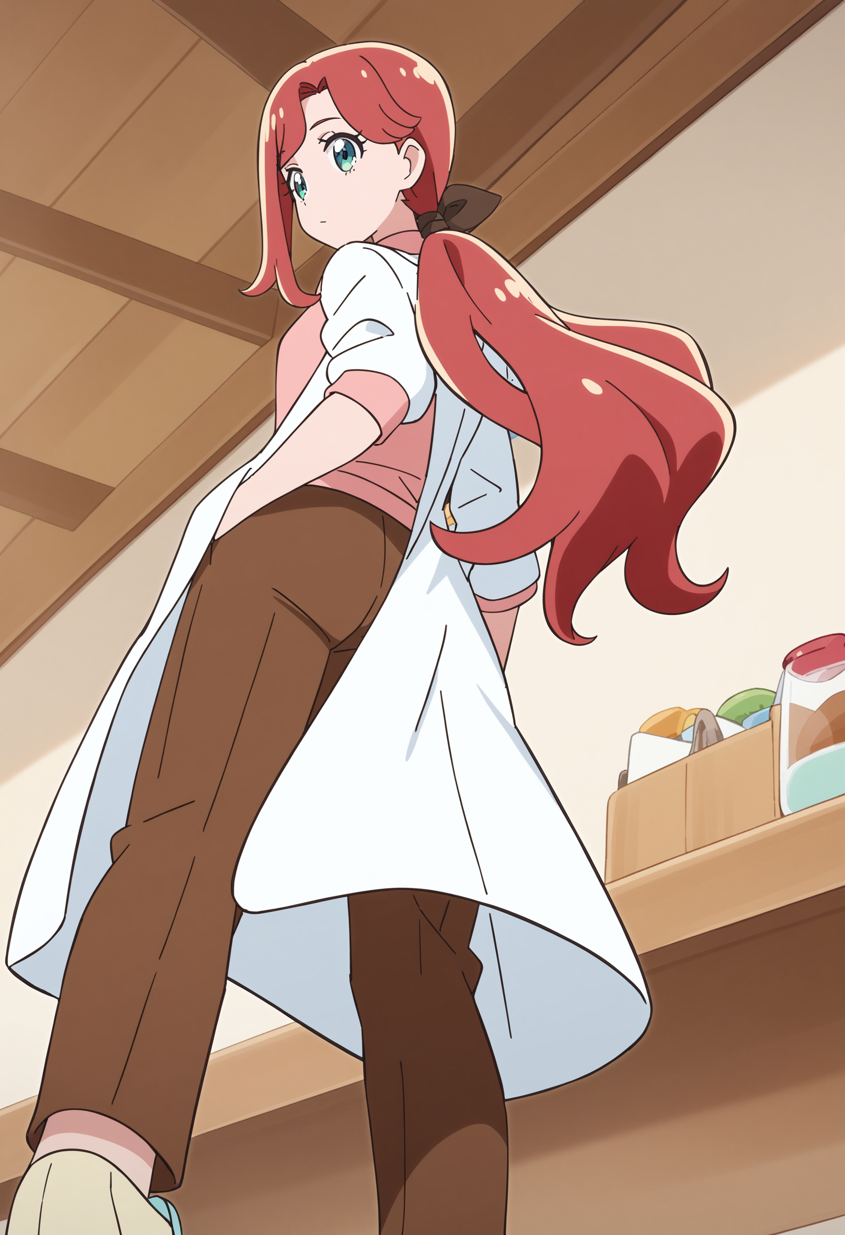 1girl, inukai youko, wonderful precure!, long hair, ponytail, red hair, green eyes, pink sweater, turtleneck, makeup, lab coat, <lora:youko_XL_v1:0.6>
from below, full body, looking back, expressionless, farms, closed mouth,
masterpiece,best quality, very aesthetic, absurdres