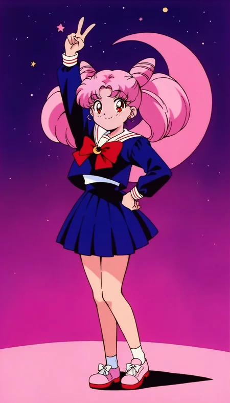 masterpiece,best quality,very aesthetic,absurdres,Sailor Chibimoon XL,1girl,solo,hair bun,skirt,school uniform,double bun,pink hair,full body,cone hair bun,serafuku,v,twintails,white sailor collar,smile,shoes,long sleeves,retro artstyle,arm up,jewelry,sailor collar,hand on hip,pleated skirt,blue skirt,looking at viewer,bow,standing,red eyes,<lora:Sailor Chibimoon XL:0.8>,moon,crescent moon,dark blue clothes,pink theme,star \(sky\),