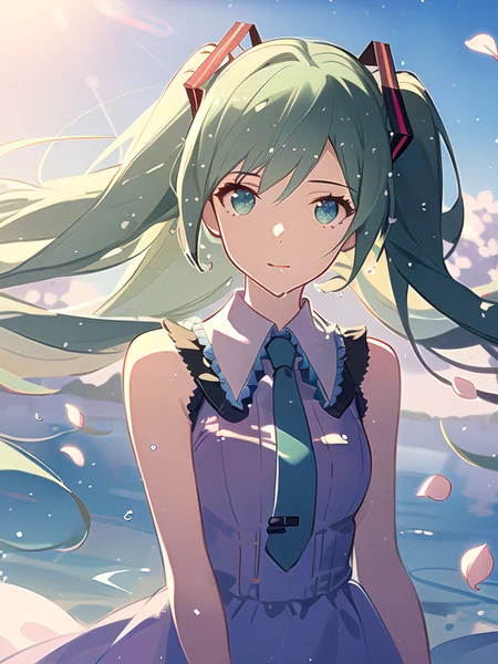 masterpiece,(bestquality),highlydetailed,ultra-detailed,illustration, 1girl , hatsune miku, looking at viewer, dynamic angle , cinematic angle , green hair ,
beautiful and detailed glow , cinematic shadow , beautiful lit,
outdoors , (beautiful flowers ,beautiful and detailed petals, wind , water drop :1.2 ), sunlight , beautiful and detailed sky , lens flare,