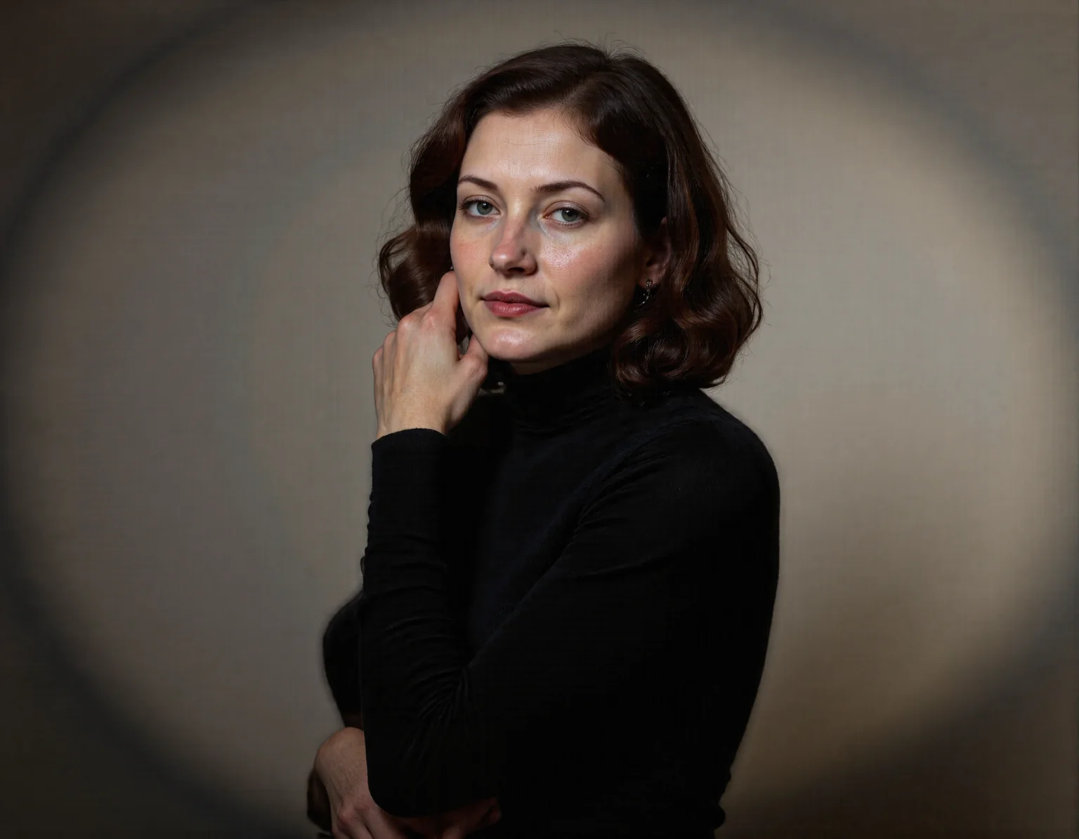 Rembrandt style This is a high-resolution, professional portrait photograph of a mature woman with a fair complexion and a slender, curvaceous figure. She has shoulder-length, wavy brown hair that frames her face and is styled to the side with one hand. Her eyes are a striking blue, and she wears dark, bold lipstick that matches the deep red hue of her nail polish. She is dressed in a form-fitting, long-sleeved black turtleneck that accentuates her hourglass figure. The lighting in the photograph is soft and diffused, creating a gentle contrast that highlights her features without casting harsh shadows. The background is a neutral, muted gradient of light and dark tones, which keeps the focus entirely on the subject. The image has a moody and intimate feel, with a slightly blurred background that adds depth and mystery. The overall composition is balanced, with the woman's head slightly tilted to the side and her gaze directed directly at the camera, creating a direct and engaging connection with the viewer. The photograph is a masterful blend of artistry and technical skill, capturing the subject's beauty and personality in a refined and elegant manner., . Baroque, chiaroscuro, realistic, emotional, "flat lighting, <lora:pancakes v3:0.5>, holding_cat, <lora:aidmaImageUpraderv0.3:0.5>, aidmaimageupgrader, <lora:irnu:1> . Baroque, chiaroscuro, realistic, emotional, "flat lighting