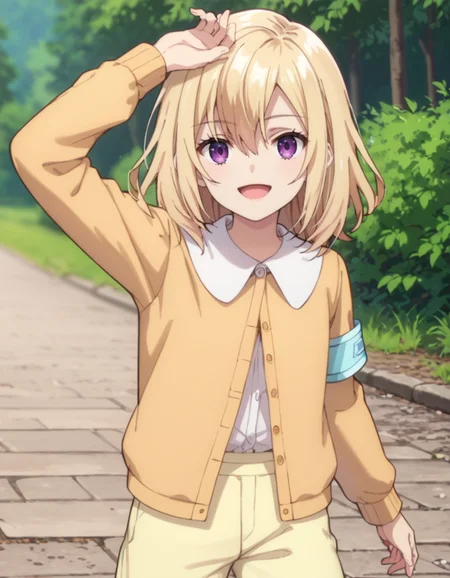 score_9, score_8_up, score_7_up, source_anime, BREAK
1girl, looking at viewer, solo, walking, forrest, day, blurry background, sunshine, hand above head, head tilt, happy, open mouth,
jill cervel (yariryuu), short hair, blonde hair, hair between eyes, dark purple eyes,
white collared shirt, orange cardigan, armband, long sleeves, yellow pants, pantyhose under shorts, pantyhose,
<lora:jill_cervel-yariryuu_s1_v2-anime-soralz:1>