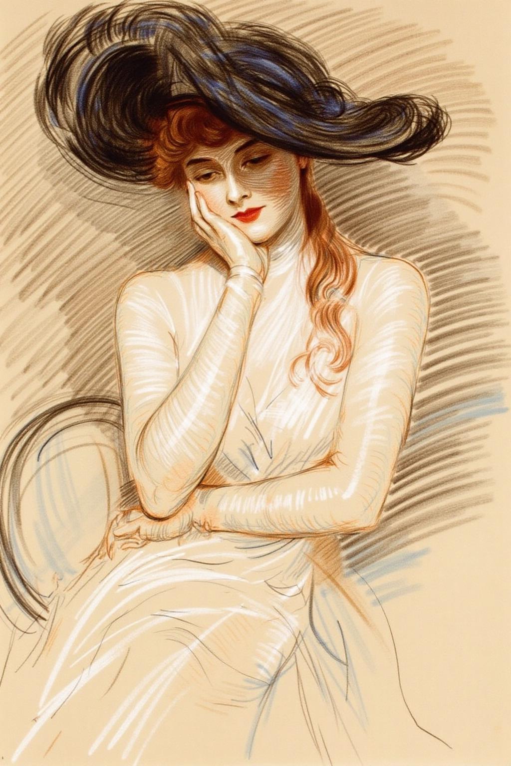 paulcesarhelleu1 illustration. 
A woman wearing a wide-brimmed, elaborate hat that tilts to one side, casting a shadow on her face. She is dressed in a long, sheer garment. her left hand gently touching her cheek. She has long, flowing auburn hair.
 <lora:paulcesarhelleu1_cap_d6a3e11:1.0><lora:844387370926140941:0>