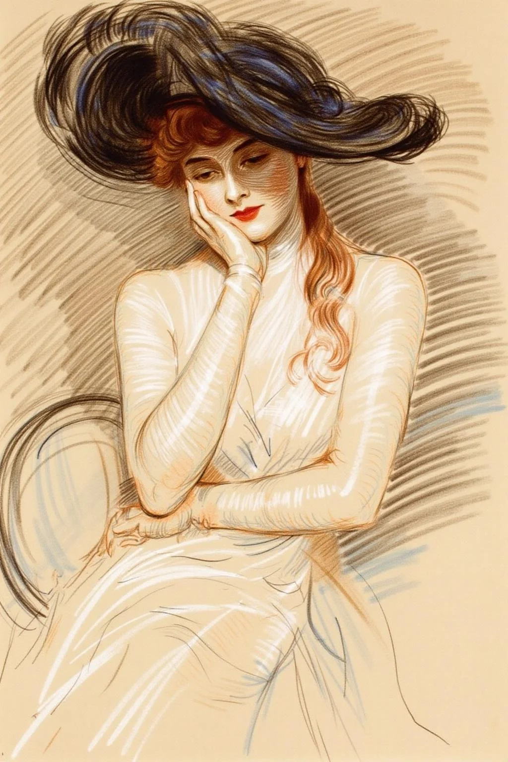 paulcesarhelleu1 illustration.
A woman wearing a wide-brimmed, elaborate hat that tilts to one side, casting a shadow on her face. She is dressed in a long, sheer garment. her left hand gently touching her cheek. She has long, flowing auburn hair.
<lora:paulcesarhelleu1_cap_d6a3e11:1.0><lora:844387370926140941:0>