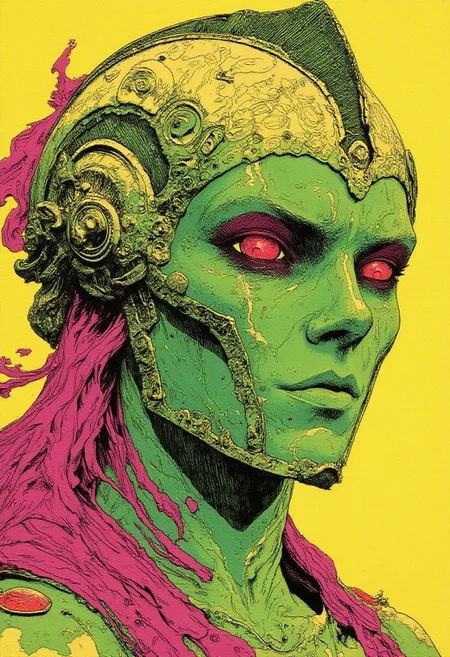 sftsrv style illustration, Yellow Green pink Neon Pop-Art, simplified, action Scene, bold lines, a Closeup Portrait of an eerie FredFraiStyle inspired intricate designed knightess helmet, very detailed outworn helmet, shaded eyes, eye-trails,