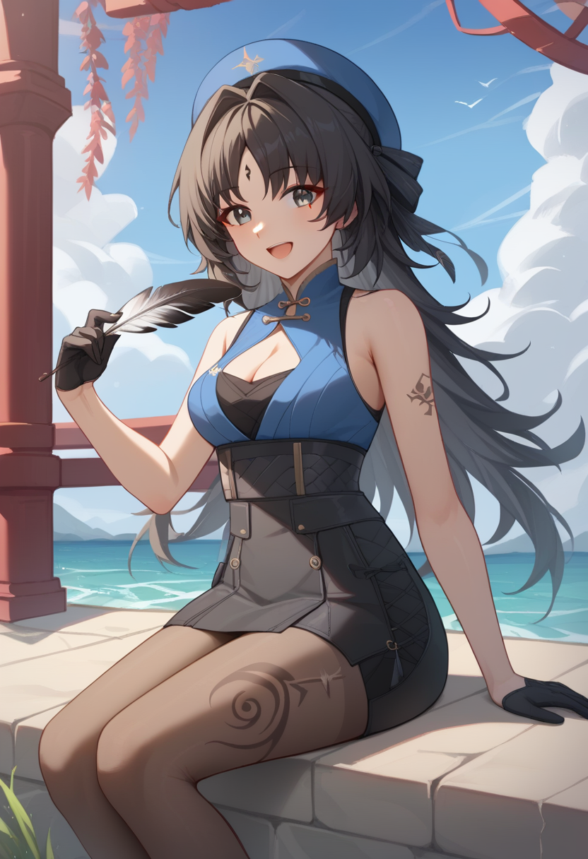 score_9,score_8_up,score_7_up,<lora:yangyang_(wuthering_waves))_v1:1>,leg_tattoo, sky, mole_under_eye, sitting, holding_feather, gold_trim, thighs, outdoors, sleeveless_shirt, blue_shirt, underbust, cleavage_cutout, smile, feathers, yangyang_\(wuthering_waves\), black_gloves, blue_hat, commentary, open_mouth, beret, medium_breasts, brown_pantyhose, black_skirt, bare_arms, miniskirt, day, solo, tacet_mark_\(wuthering_waves\), 1girl, highres, bare_shoulders, looking_at_viewer