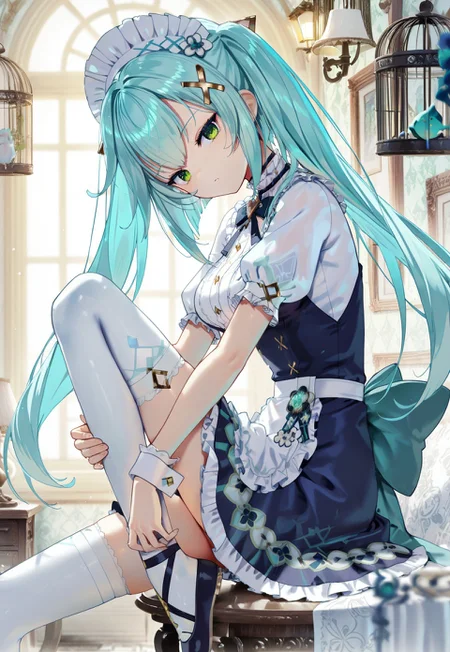 scottie \(phantom2\), genshin impact, faruzan \(genshin cafe in seoul\) \(genshin impact\), faruzan \(genshin impact\), 1girl, apron, aqua hair, ballet slippers, birdcage, blue dress, blurry, cage, depth of field, dress, frilled apron, frills, from side, green eyes, hair between eyes, hair ornament, head tilt, indoors, knee up, lamp, long hair, looking at viewer, maid, maid apron, maid headdress, puffy short sleeves, puffy sleeves, shirt, short sleeves, sitting, sitting on object, solo, thighhighs, twintails, waist apron, white headdress, white headwear, white shirt, white thighhighs, white wrist cuffs, wrist cuffs, x hair ornament