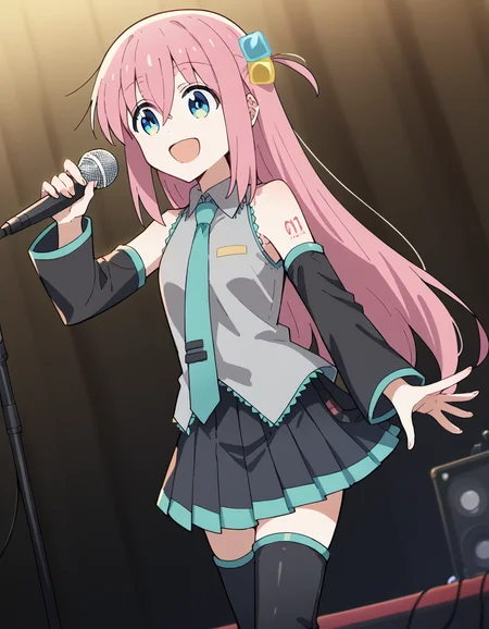 score_9, score_8_up, score_7_up, source_anime, hitorigotou, <lora:hitori-gotou-s1-ponyxl-lora-nochekaiser:1>, hitori gotou, blue eyes, cube hair ornament, hair between eyes, hair ornament, pink hair, one side up, long hair, <lora:hatsune-miku-cosplay-ponyxl-lora-nochekaiser:1>, hatsunemikucosplay, hatsune miku \(cosplay\), aqua necktie, black footwear, black skirt, black sleeves, boots, collared shirt, detached sleeves, grey shirt, necktie, pleated skirt, shirt, skirt, sleeveless, sleeveless shirt, thigh boots, tie clip,, stage, stage lightings, singing, microphone, holding microphone, open mouth, smile,, cowboy shot, dutch angle,