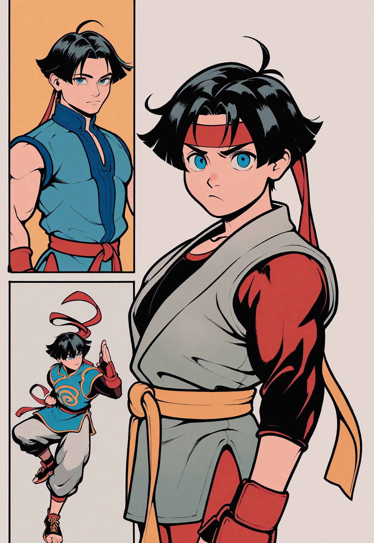 IllustriousQual , 1boy, male focus, martial artist, kimono, black hair, blue eyes, bishonen, video game character, street fighter, OH GOD FALLEN DONT KICK ME IM TIRED, art by whatever, trending on pixiv,  WatercolorMangaLLS
