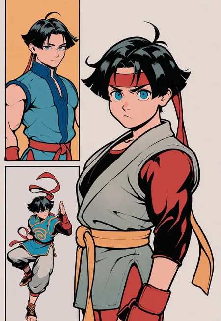 IllustriousQual , 1boy, male focus, martial artist, kimono, black hair, blue eyes, bishonen, video game character, street fighter, OH GOD FALLEN DONT KICK ME IM TIRED, art by whatever, trending on pixiv,  WatercolorMangaLLS