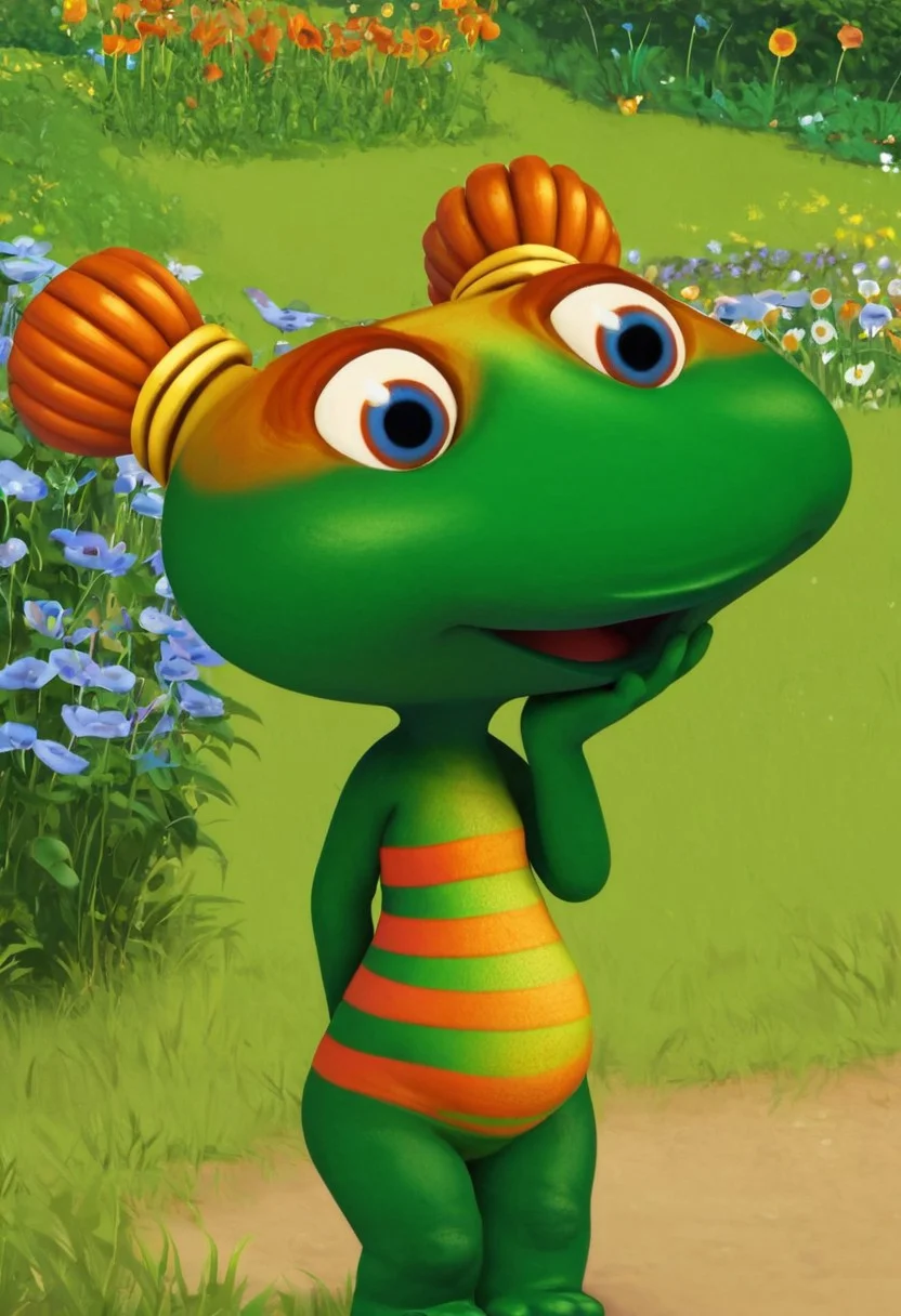 lulu zipadoo, 1girl, furry, anthro, female turtle (frog shaped head), green skin, blue eyes, orange eyelid, orange hair, yellow hair ties, pigtails, wide head, chibi, 3 oranges stripes around belly, plump, little tail, wide hips, short body, short legs, score_8_up, score_7_up, BREAK, 1girl, solo, looking away, head down, cute, very shy, shy feet, one hand behind back, one hand on face, female focus, looking at viewer, garden background, detailed background, 4k, masterpiece, best quality, highly detailed, 3d, full shot
