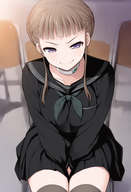 masterpiece, best quality, 1girl, Manaka Nemu, braided hair, purple eyes, medium breasts, sidelocks, long sleeves, black skirt, black serafuku, neckerchief, black thighhighs, breast pocket, sitting, chair, looking at viewer, smug, looking at viewer, white choker, <lora:Nemu last IXL:1>