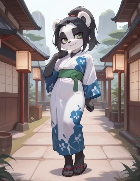 masterpiece, best quality, very aesthetic, absurdres,
outdoors, yukata,
standing, posing,
full body, seductive smile, parted lips, long eyelashes,
<lora:Li Li_v01_ILXL:1> L1L1,1girl,solo,furry female,panda ears,black hair,long hair,ponytail,green eyes,animal nose,body fur,two tone fur,black fur,white fur