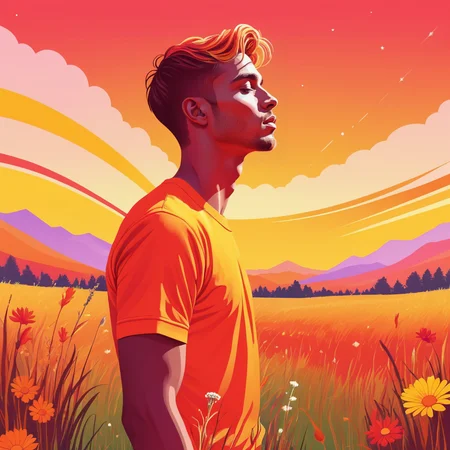 ethereal dreamlike vector art evoking pride, side view of a hot fuckboy in a meadow, red, orange, yellow, vividly queer, high saturation