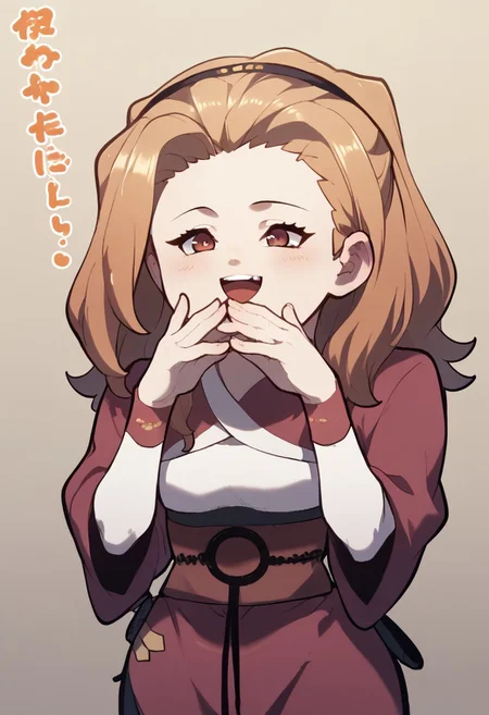 zPDXL3, score_9_up, score_8_up, score_7_up, (Anime_source), (chibi, white skin), 1girl, HeoRanju, brown eyes, brownish hair, long hair, Ranju clothes, hands up, happy noises