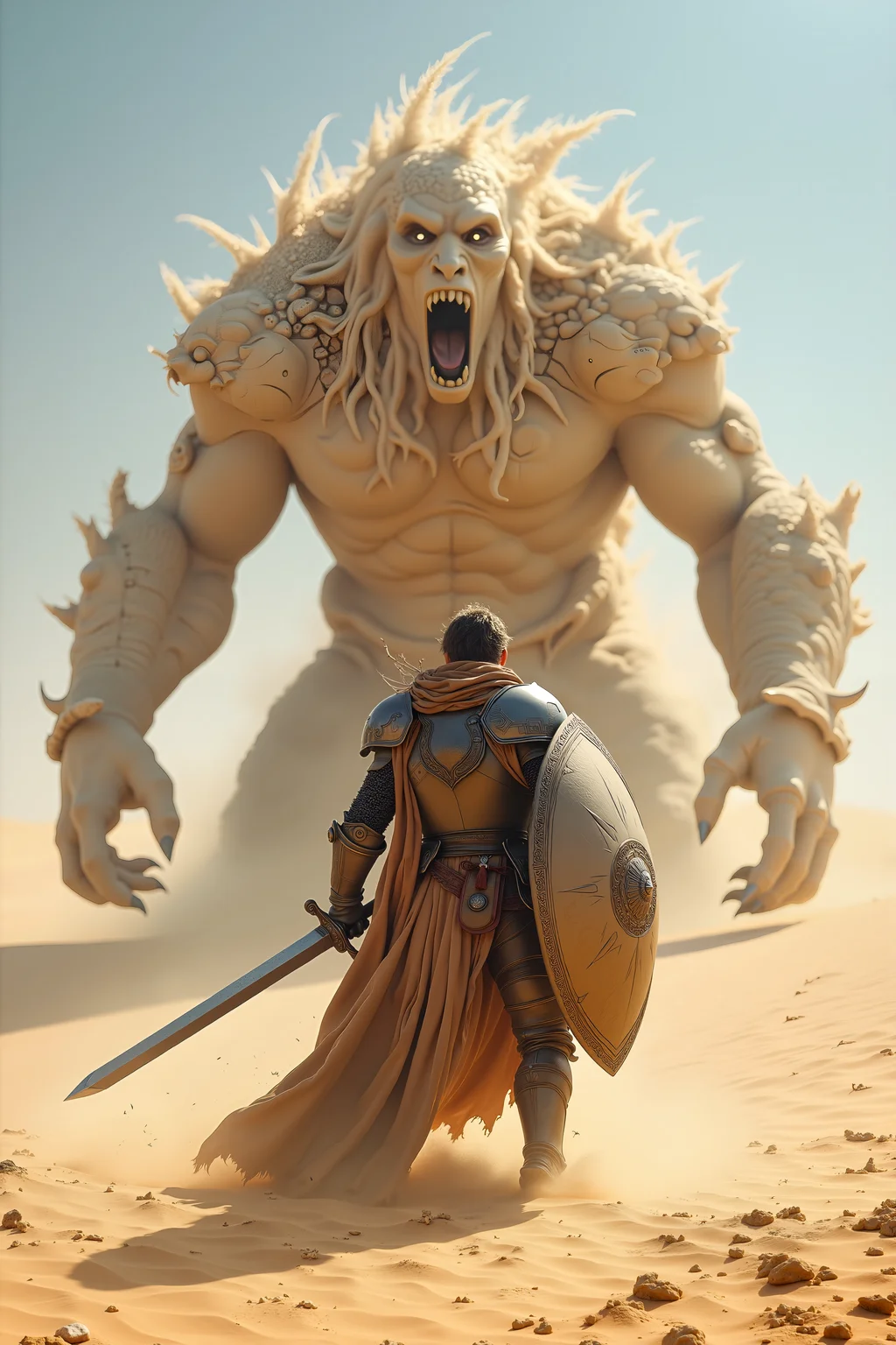 A 50-year-old male knight with graying brown hair and a deeply tanned, scarred face stands resolute in the middle of a vast desert, facing a monstrous sand creature. His weathered armor, once shining, is now dulled by years of battle and the harsh desert elements. The knight's steely gray eyes focus intently on the sand monster as it rises from the ground, its form a massive, towering figure made of swirling sand and stone. The wind howls, carrying the sting of sand against his exposed skin, but he remains unmoved, gripping his massive, two-handed sword tightly. The sun blazes down from a cloudless sky, casting harsh shadows across the dunes. The sand monster roars, lunging at the knight with a limb formed from solidified sand. The knight blocks the attack with his shield, the force of the impact sending vibrations through his body. With a powerful, well-practiced swing, he cleaves through the creature's limb, causing it to crumble.