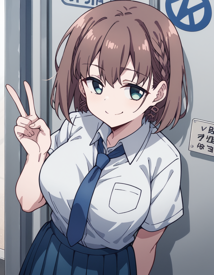 score_9, score_8_up, score_7_up, source_anime, <lora:tawawa-ai-s1-ponyxl-lora-nochekaiser:1>, ai, short hair, brown hair, green eyes, braid, side braid, large breasts,, skirt, shirt, jewelry, school uniform, white shirt, short sleeves, pleated skirt, earrings, necktie, collared shirt, blue skirt, blue necktie,, bus stop, waiting, commuter, smartphone, checking time, cold morning, , , v, v over mouth, smug,, solo,, cowboy shot, dutch angle